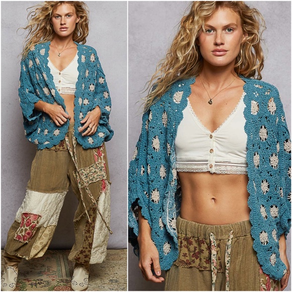 POL Chenille Open Front Loose Fit Crochet Batwing Sleeve Cardigan - Picture 1 of 4